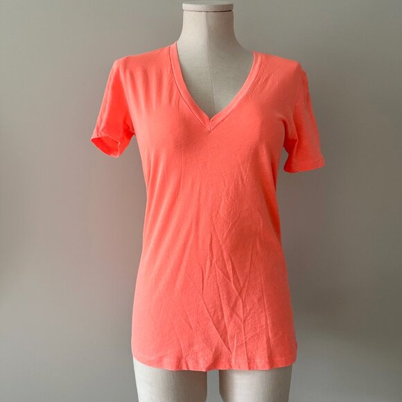 Monrow Neon Orange Cotton T-Shirt Womens Size S V Neck - Picture 1 of 7